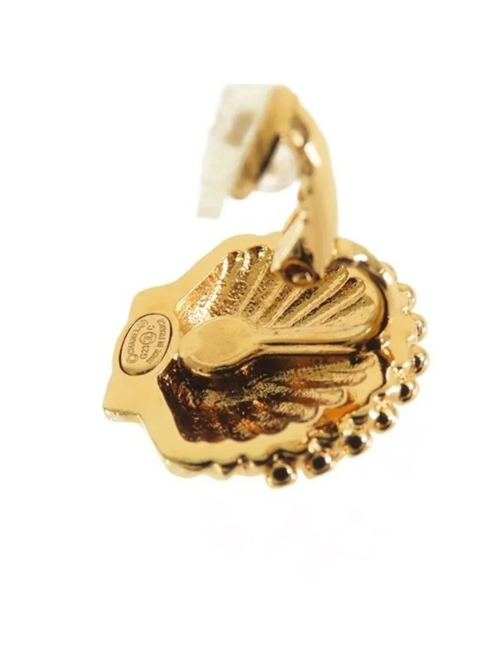 Chanel Shell Motif Earrings Gold Metal Rhinestone CC Logo